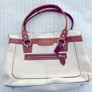 Coach Penelope Cream/Brown Pebbled Leather Silver Satchel Shoulder Bag F14682